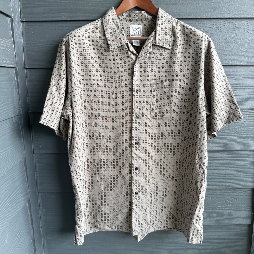 Field Gear Silk Cotton Camp Shirt Geometric Button Up Short Sleeve Mens Large